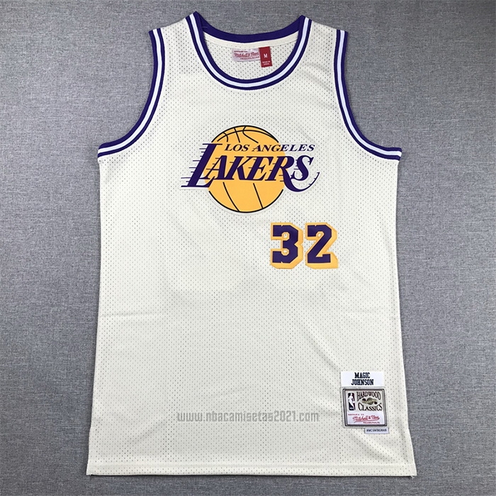 Camiseta Los Angeles Lakers Magic Johnson #32 Mitchell & Ness Chainstitch Crema